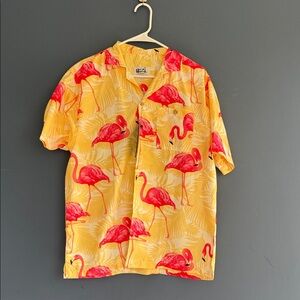 Men's Flamingo Print Casual Button Down Shirt - Yellow and Red